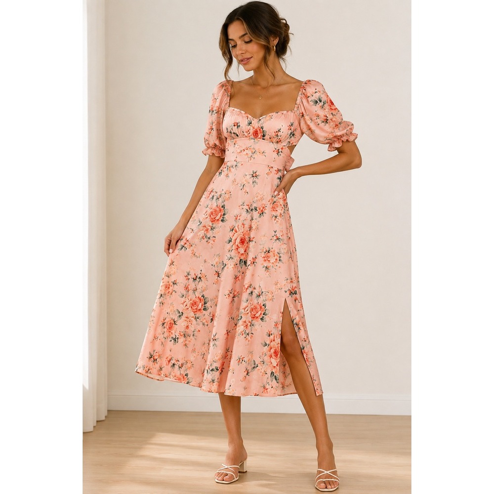 Inspired Hearts Dress L Pink Floral Puff Sleeve Sweetheart Midi Cottagecore Rose